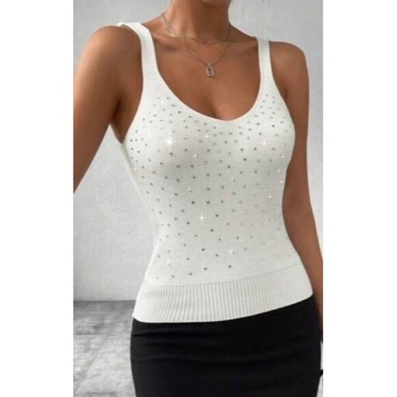 White Knitted Sweater With Rhinestone Embellishment - Picture 4 of 4